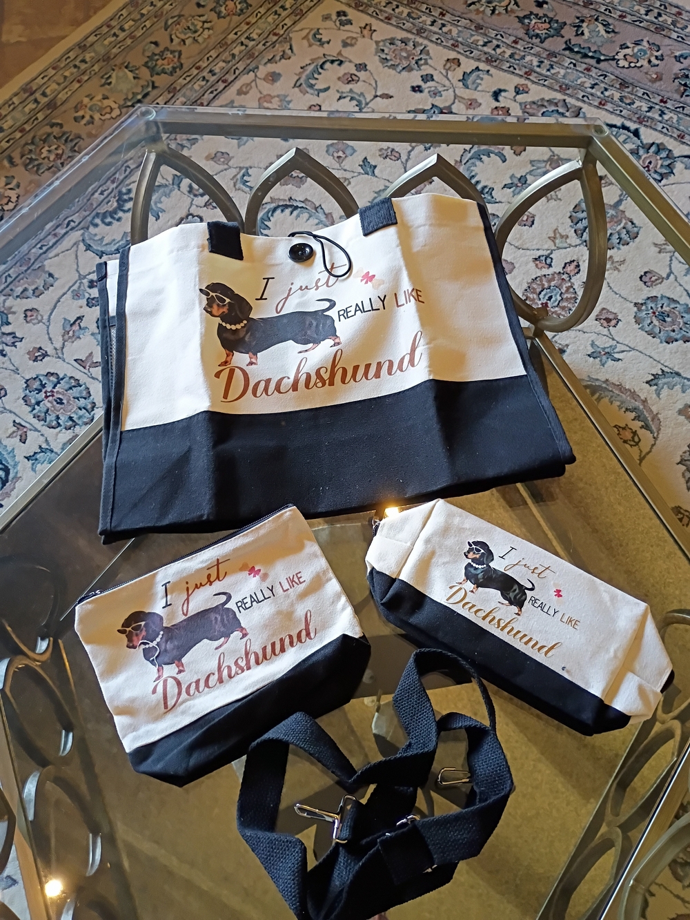 Dachshund Dog Lover 3-Piece Canvas Tote Bag & Cosmetic Pouch Set NWT